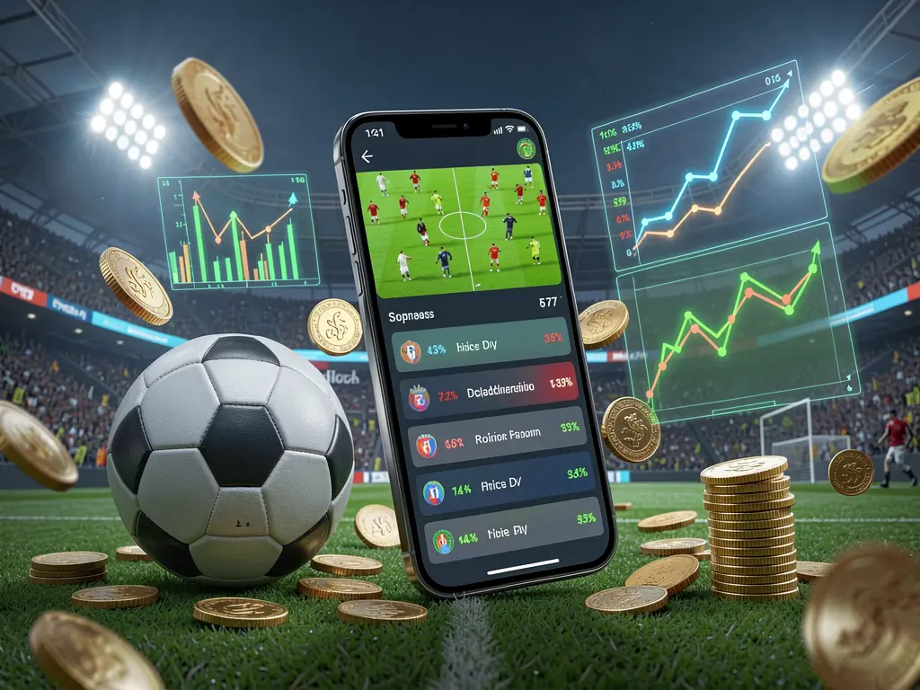 W880 football prediction betting scene showing a smartphone with match statistics interface, a soccer ball, coins, and glowing data charts floating around in a modern stadium background