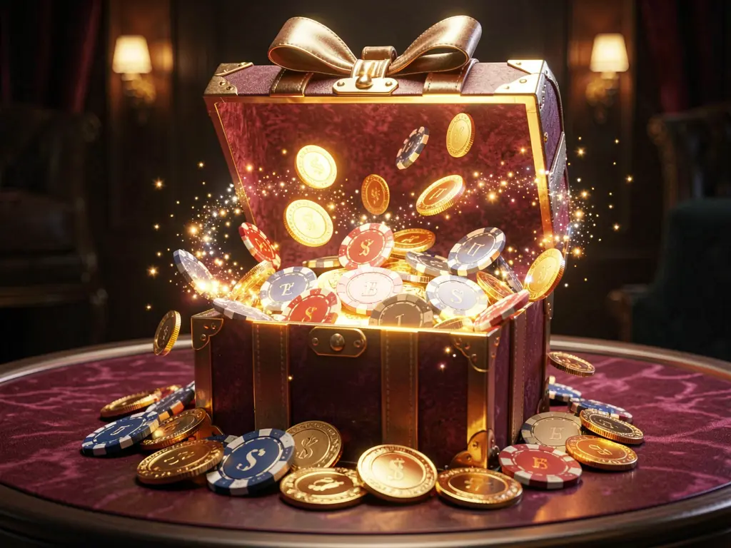 W880 no deposit casino bonus concept featuring a glowing gift box filled with free casino chips and golden coins, surrounded by magical sparkle effects on a luxury dark background creating an exciting reward atmosphere