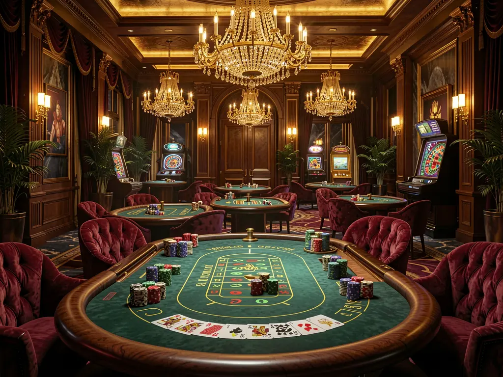 W880 high-end casino lobby featuring golden lights, roulette tables with chips and cards, elegant premium design against a dark cinematic background in an ultra detailed 3D render