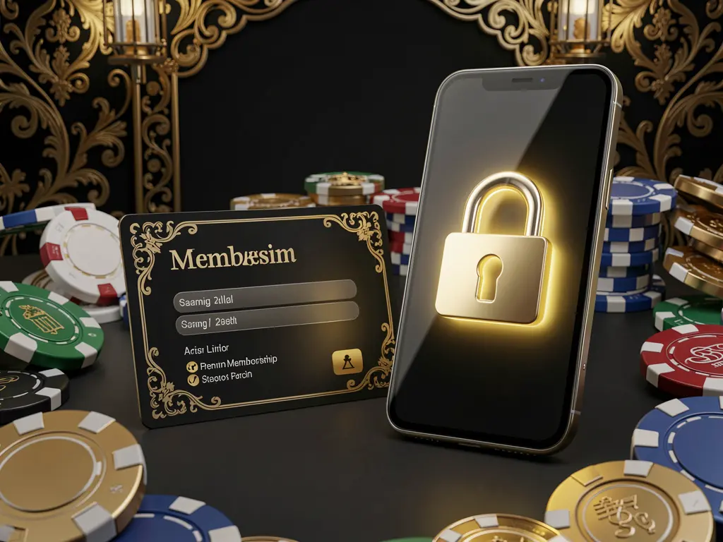 W880 casino member login concept showing a premium membership card beside a smartphone with a glowing lock symbol, surrounded by poker chips and coins on a black and gold luxury background in a realistic 3D illustration